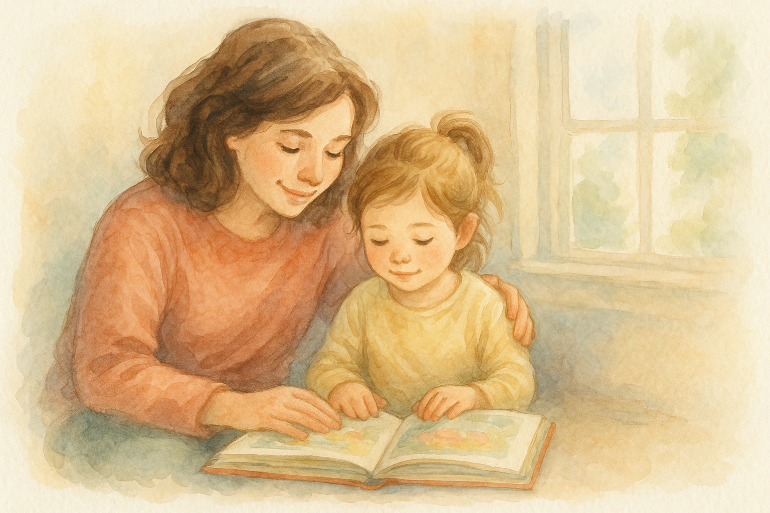 Madre leyendo con afecto un cuento a su hija - acuarela