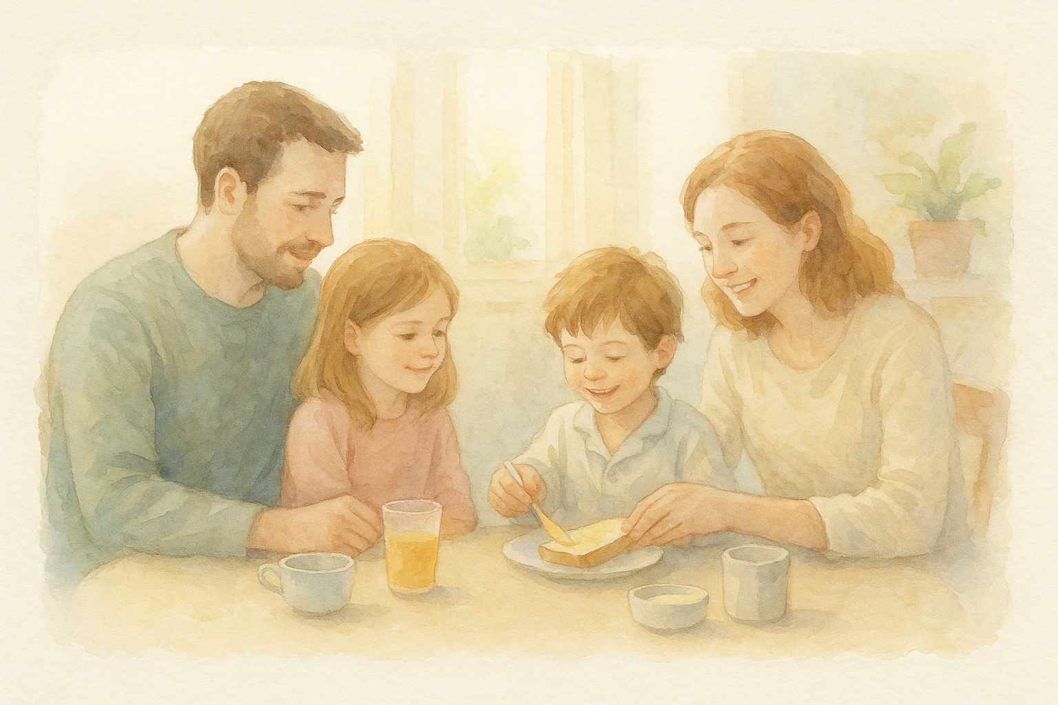 Familia reunida a la hora del desayuno compartiendo un momento de paz y cariño- acuarela