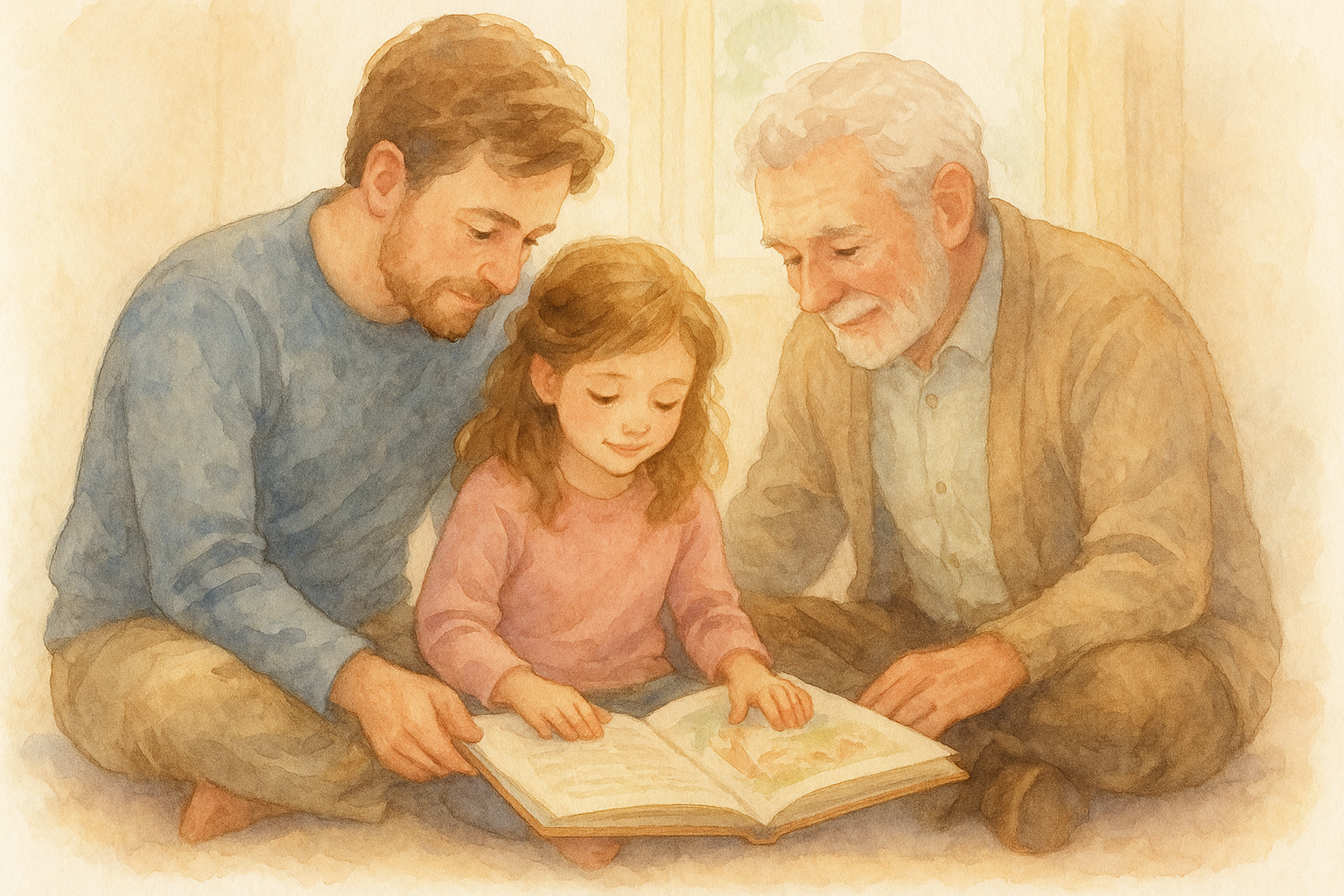 Papá y abuelo leyendo juntos para una niña en un momento de conexión y amor - acuarela