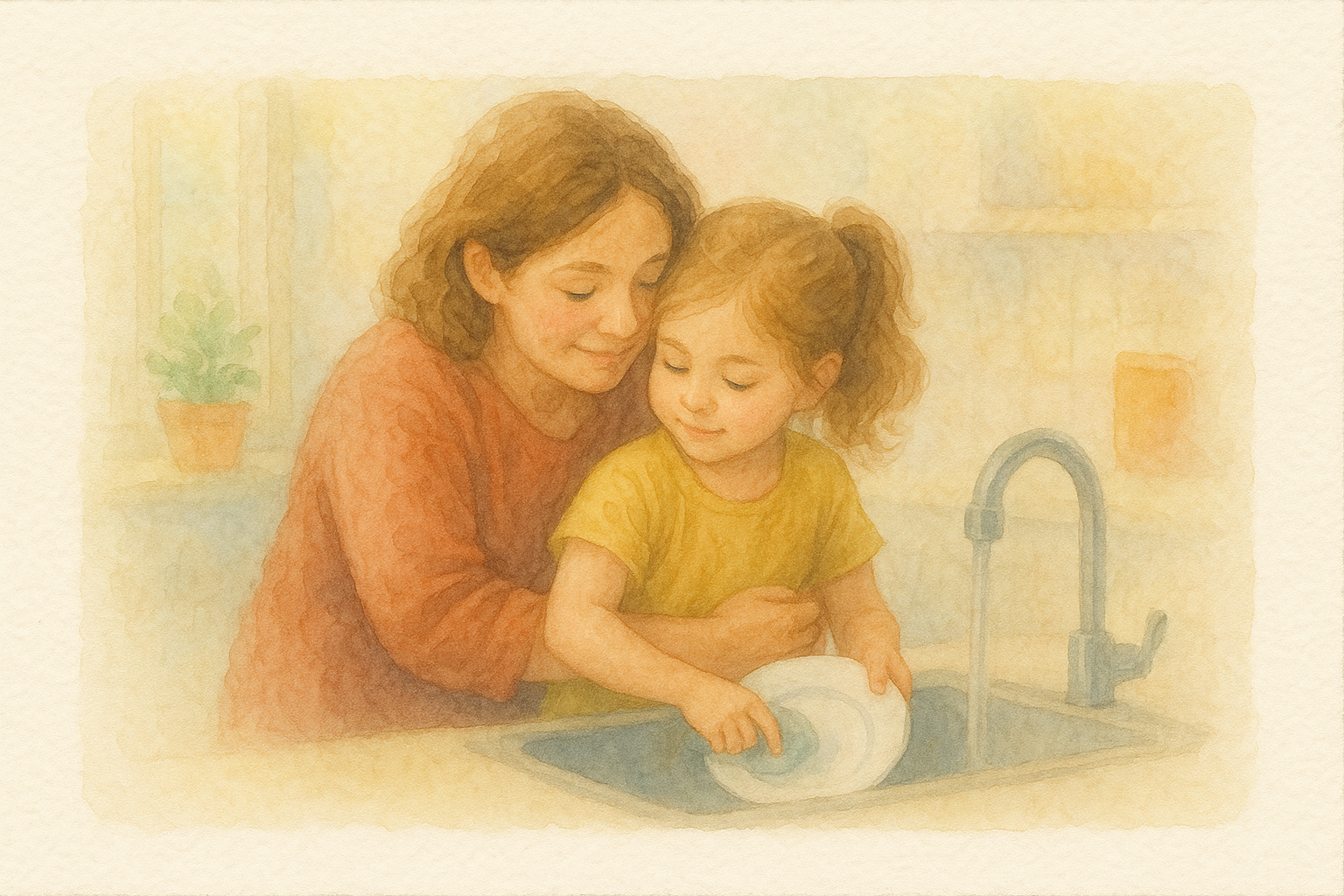 Madre abraza con ternura a la hija pequeña mientras ella lava los platos, fortaleciendo la conexión emocional - acuarela