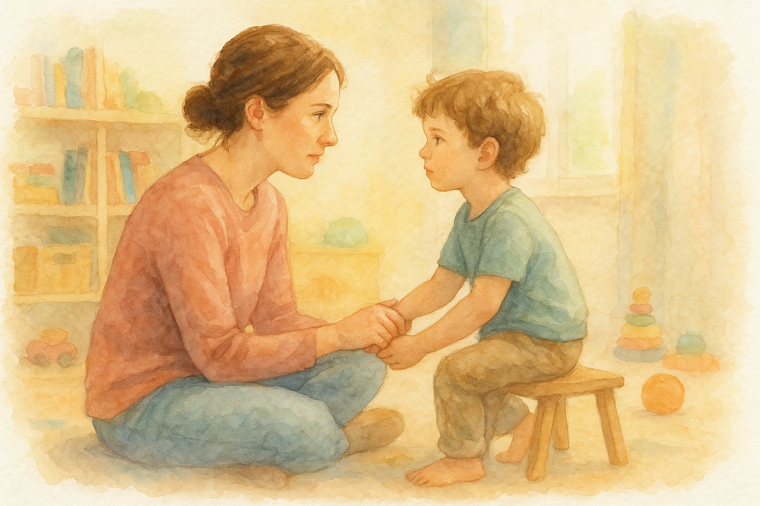 Una madre sentada en el suelo junto a un niño pequeño agarrándole suavemente la mano, mirándolo a los ojos con firmeza y cariño - acuarela