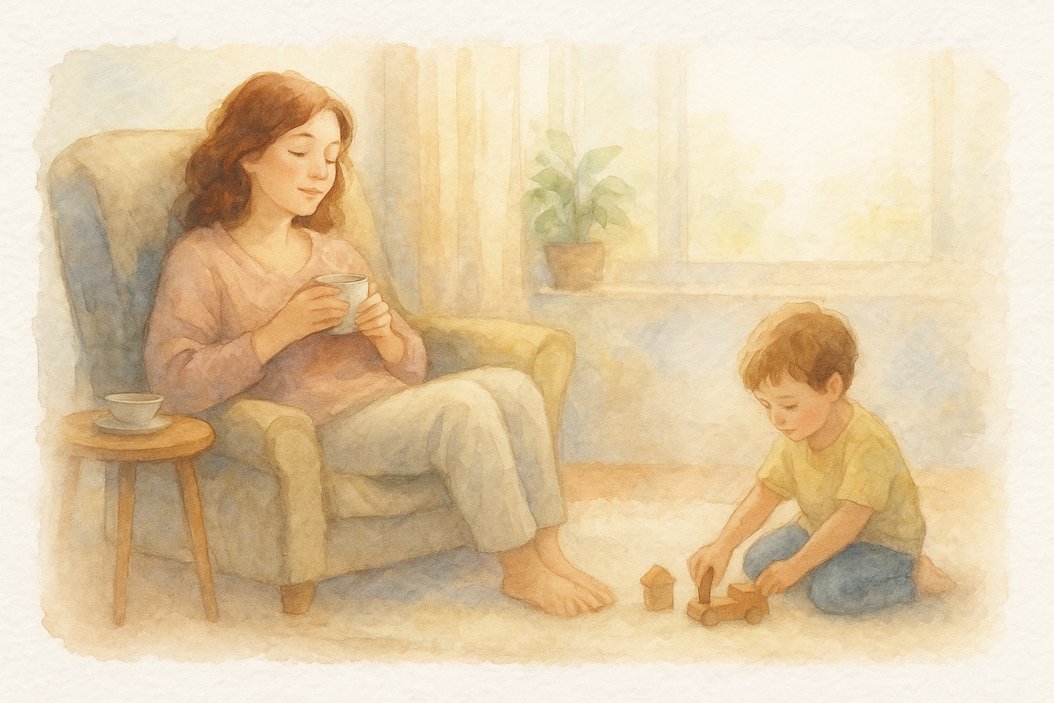 Madre cuidando de sí misma mientras acompaña a su hijo - ilustración en acuarela