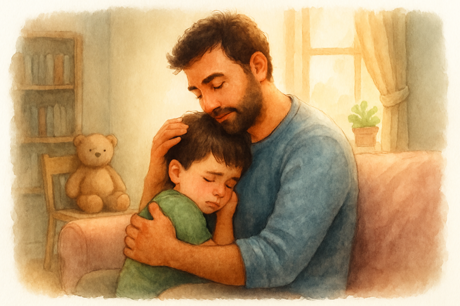 Padre sosteniendo al hijo con ternura en momentos de vergüenza o inseguridad - acuarela