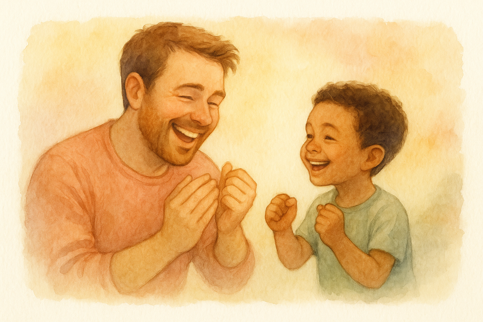 Papá celebrando junto con el hijo una pequeña victoria cotidiana - ilustración en acuarela