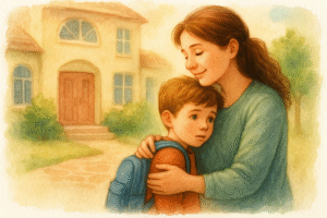 Madre abrazando a su hijo en un nuevo entorno, transmitiendo amor y seguridad durante un cambio – ilustración en acuarela cálida.