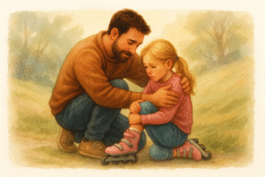 Padre ayuda a su hija a ser resiliente - ilustración en acuarela