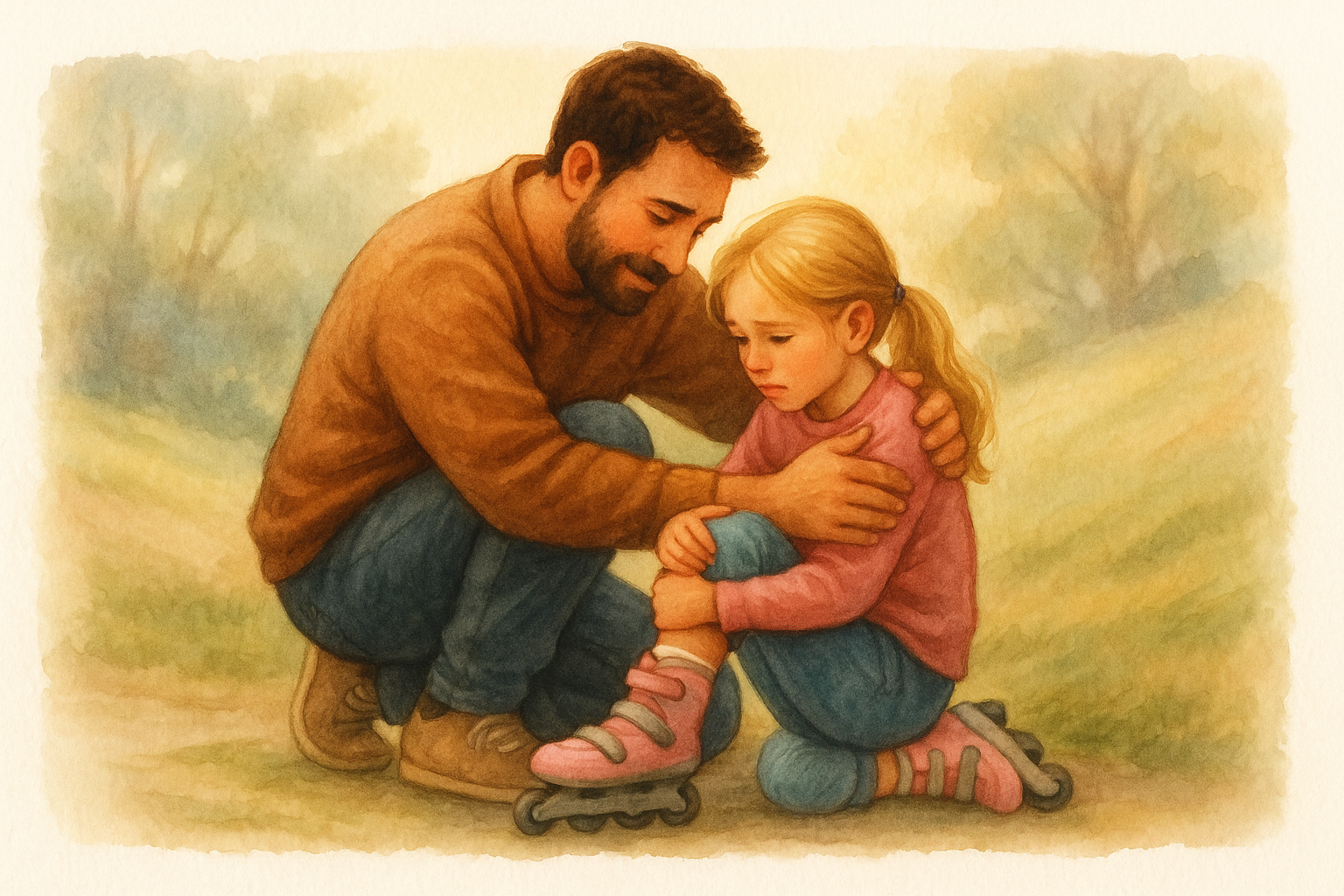 Padre ayuda a su hija a ser resiliente - ilustración en acuarela