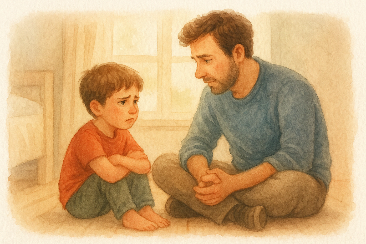Padre ayudando al hijo a gestionar la frustración con respeto - acuarela