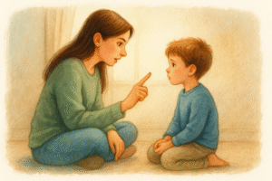 Madre conversa con hijo poniendo límites con amor y calma - acuarela
