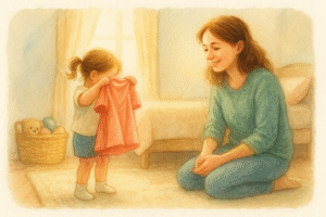 Niña intentando vestirse sola mientras su madre la observa con ternura – ilustración en acuarela cálida.