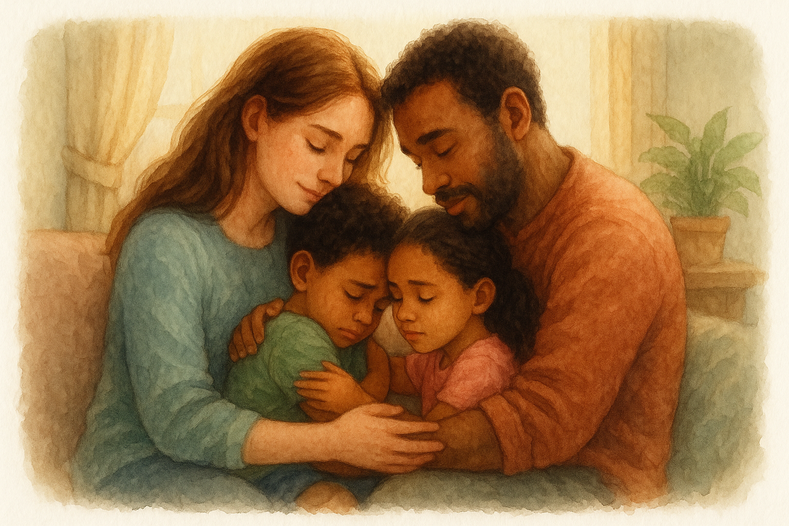 Padres gestionando los celos entre hermanos con amor y respeto - acuarela