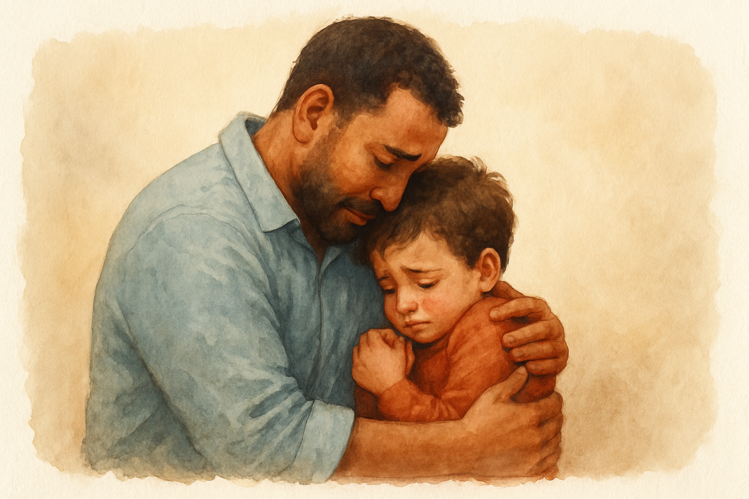 Padre reconstruyendo el vínculo con el hijo tras momentos de tensión - acuarela