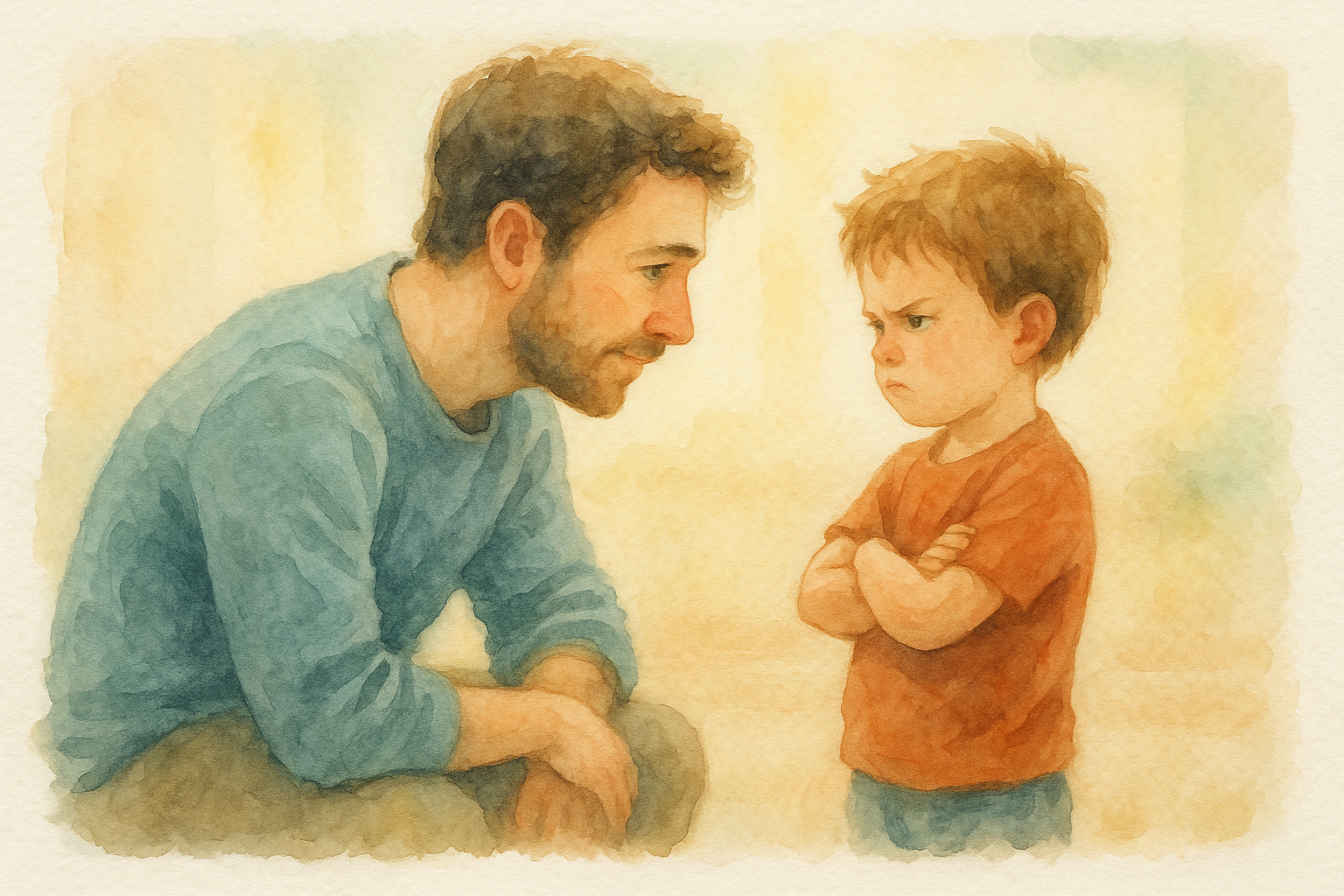 Padre acogiendo a su hijo en un momento de enojo con amor - acuarela