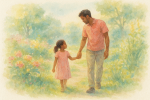 Niña y padre caminando con compasión y ternura - acuarela en tonos pastel