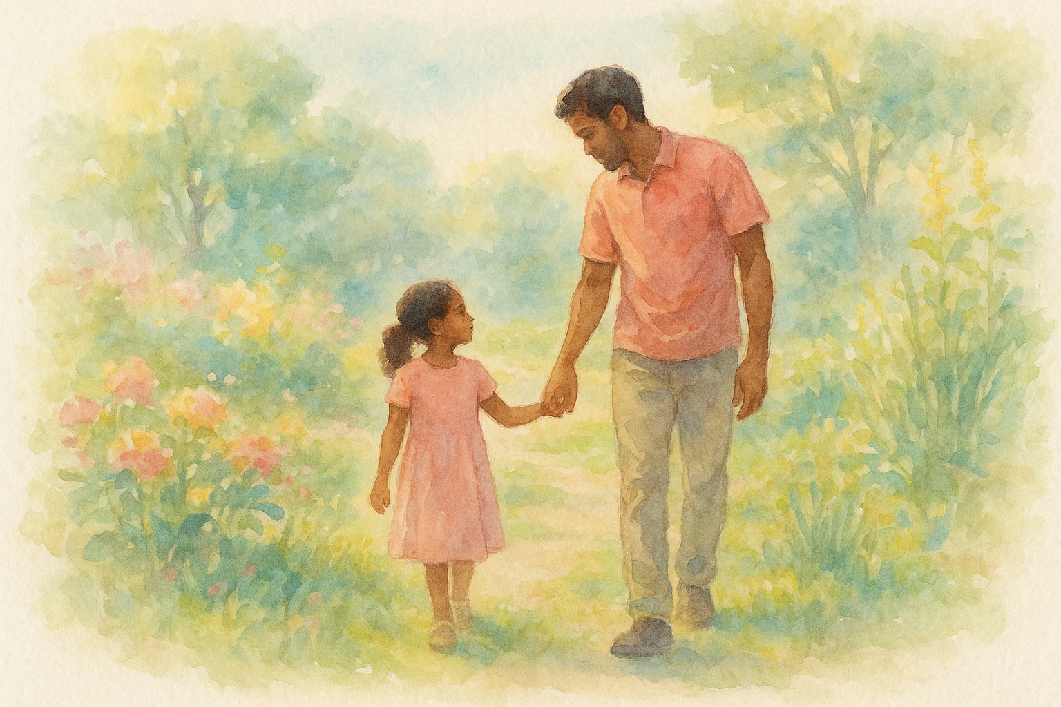 Niña y padre caminando con compasión y ternura - acuarela en tonos pastel