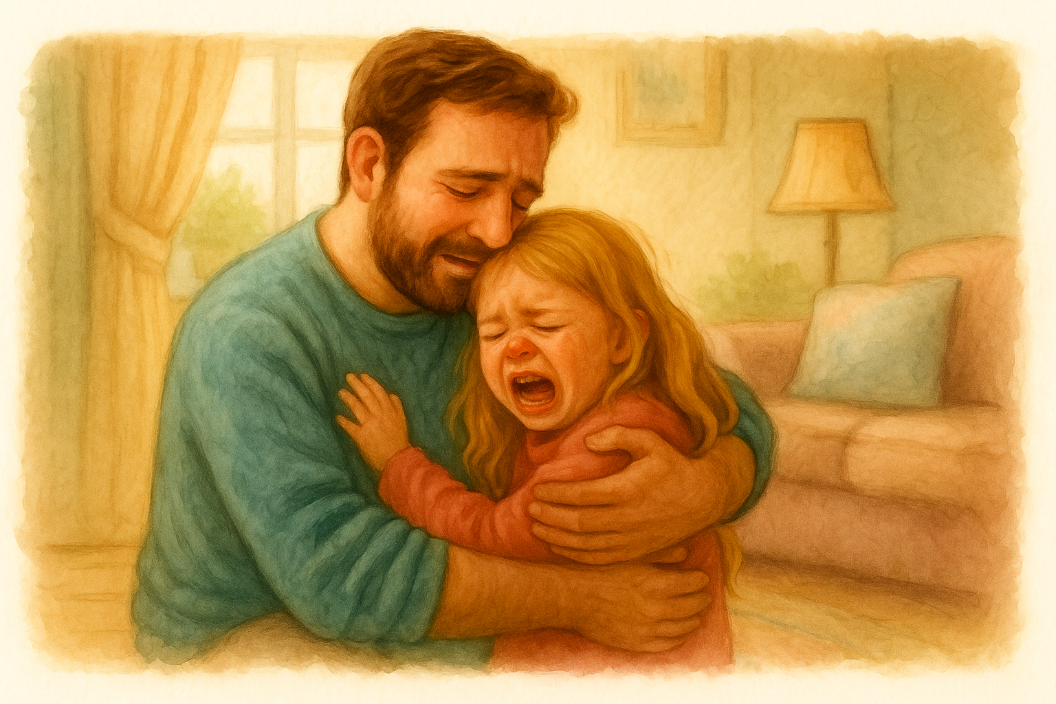 Padre acogiendo a la hija mientras llora, con presencia y amor - acuarela