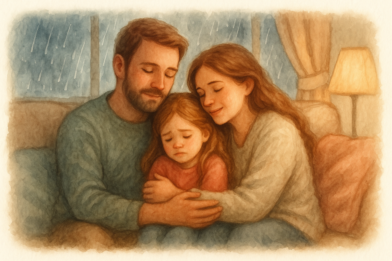 Familia abrazándose transmitiendo amor y refugio en momentos de estrés – ilustración en acuarela.