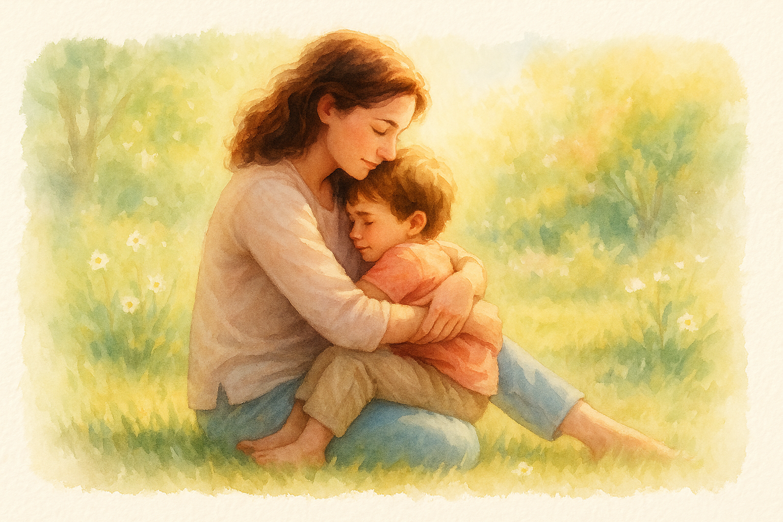 Madre abraza al hijo conectándose emocionalmente- acuarela