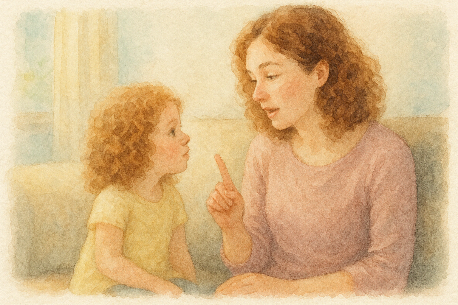 Madre fortaleciendo el vínculo emocional al dialogar con su hija - ilustración en acuarela
