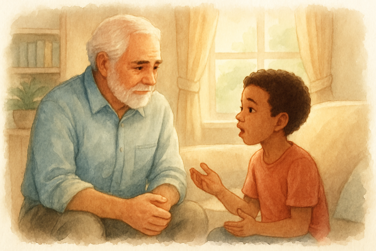 Adulto escucha activamente al niño como base para vínculos sólidos - ilustración en acuarela