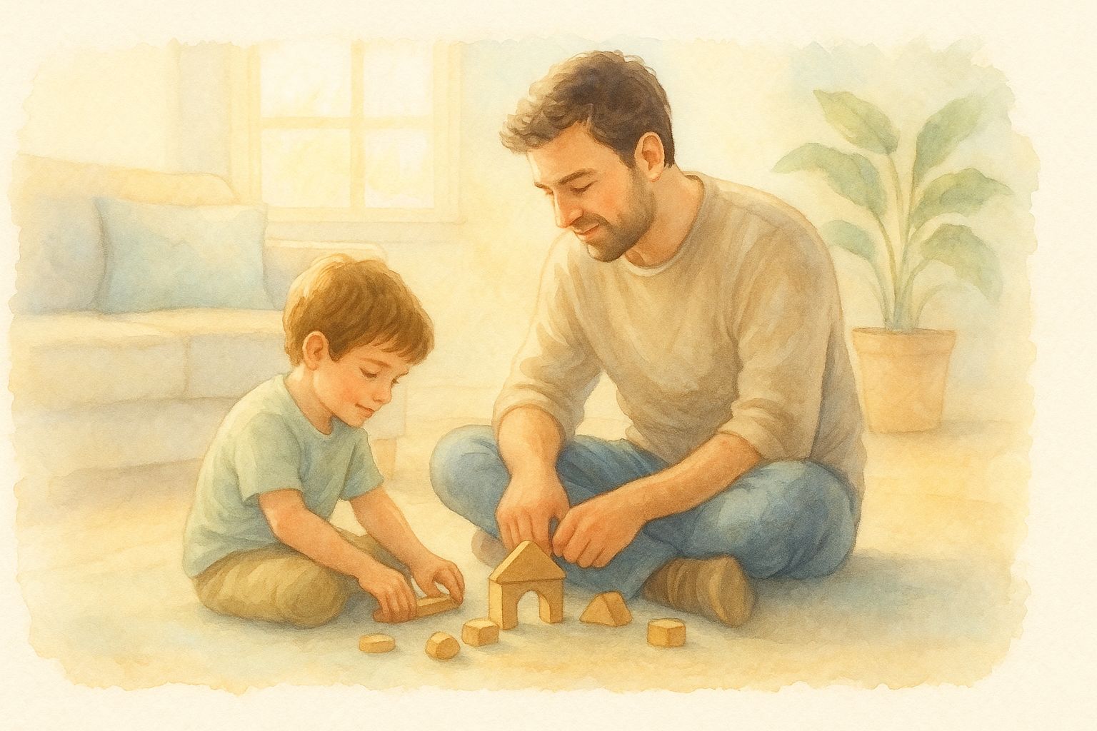 Padre jugando con el hijo fortaleciendo vínculos afectivos - ilustración en acuarela