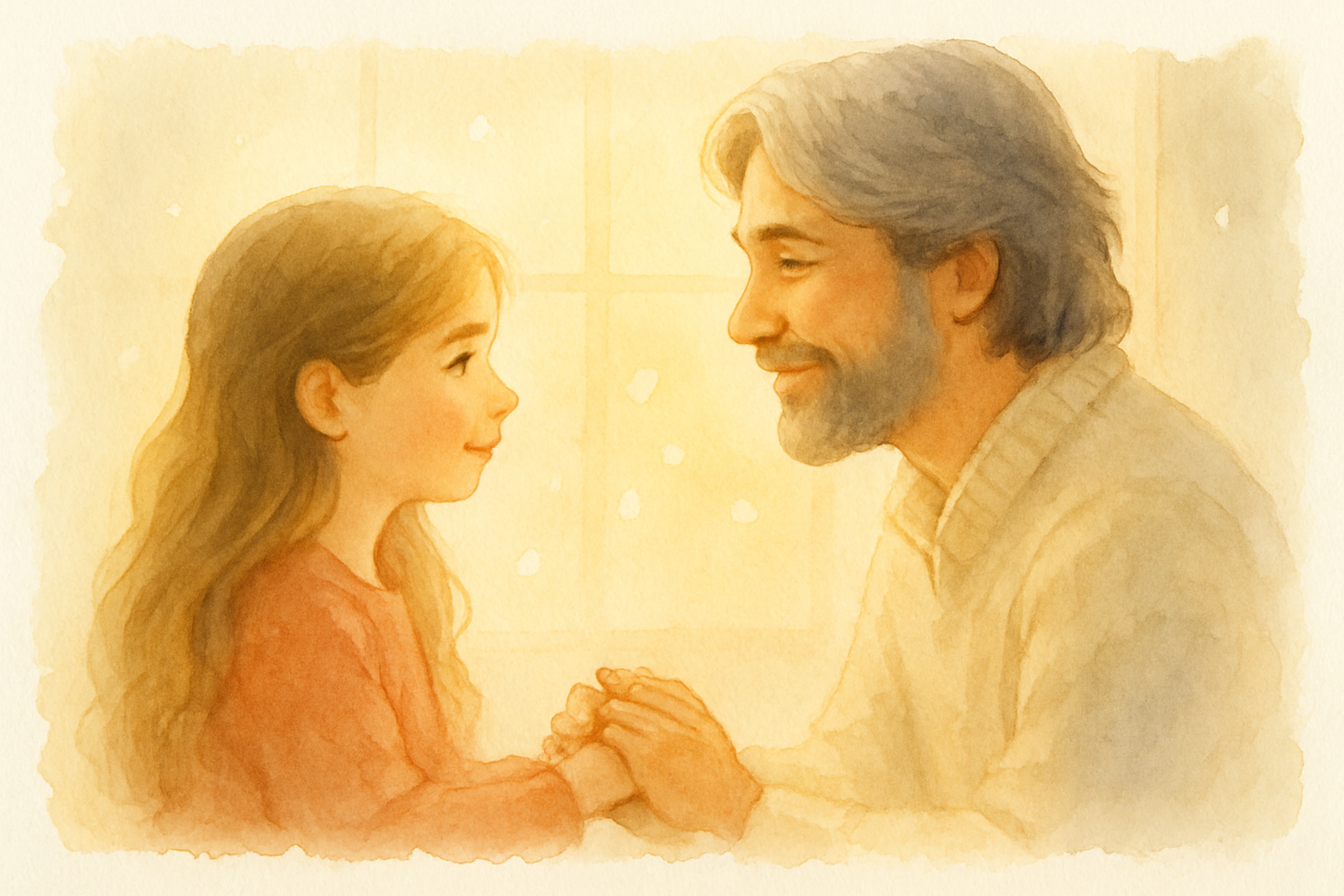 Padre e hija conectándose con miradas de acogimiento y amor - acuarela