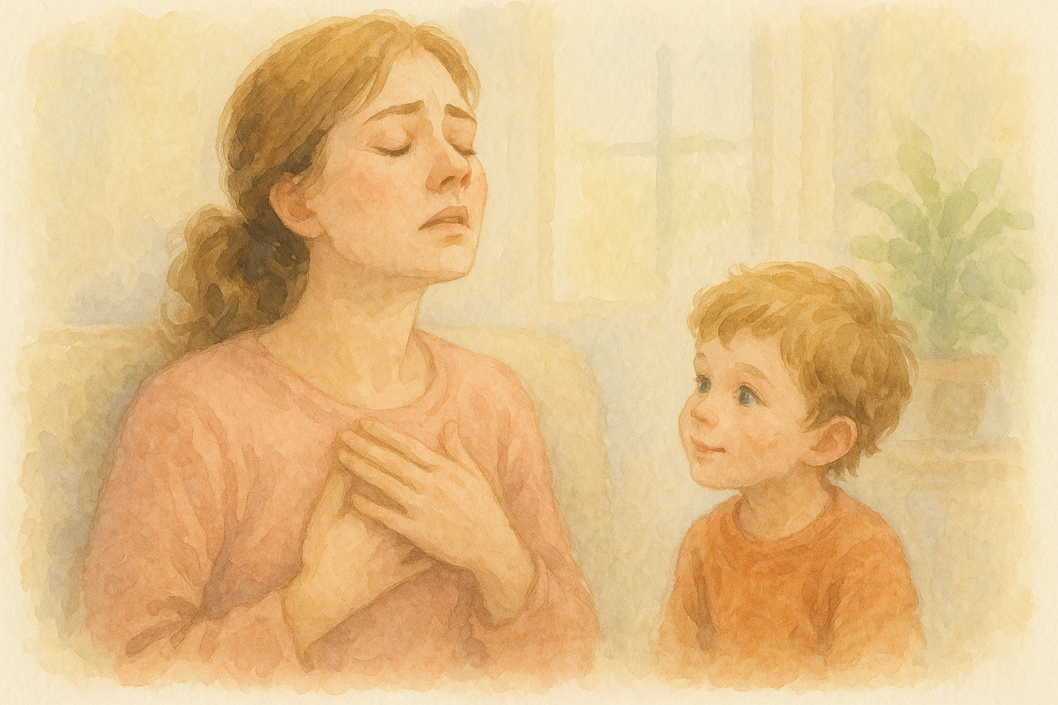 Madre lidiando con la sobrecarga emocional con serenidad - acuarela suave