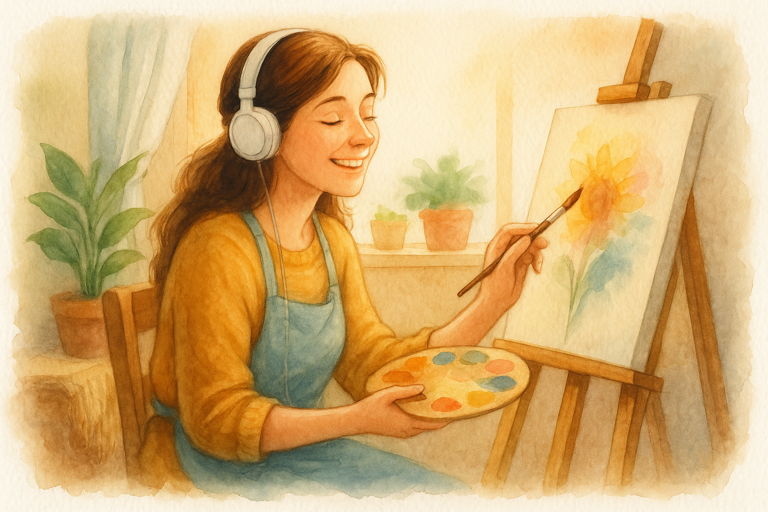 Madre feliz pintando un cuadro y escuchando música dedicando un tiempo a si misma