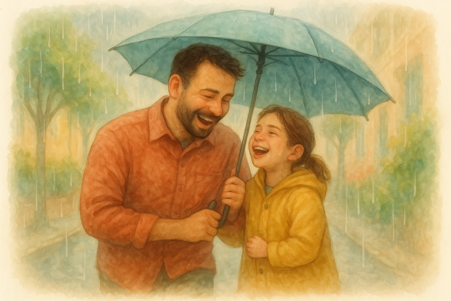 Papá e hija riendo bajo la lluvia - ilustración en acuarela