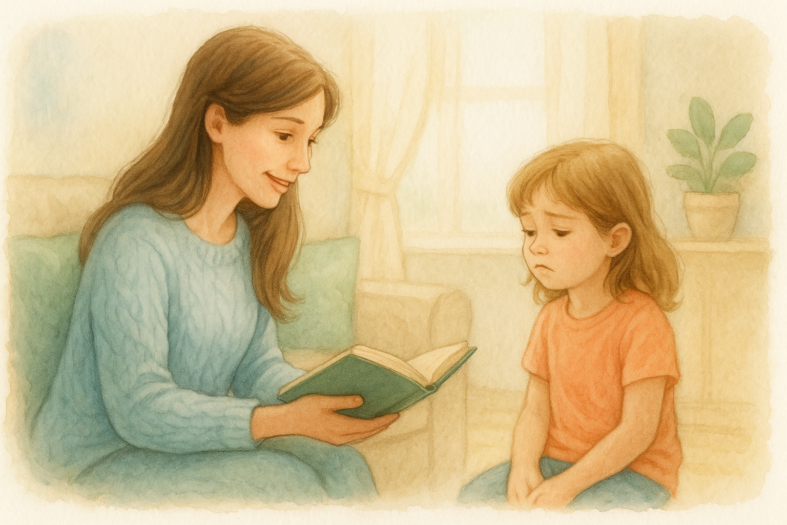 Una madre ofrece suavemente un libro a una niña que parece desinteresada. La madre tiene una expresión dulce y paciente.
