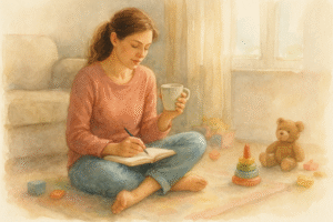 Madre sentada en el suelo de su casa, escribiendo en un cuaderno mientras sostiene una taza, rodeada de objetos del hogar y luz suave entrando por la ventana.