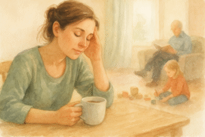 Madre disfrutando un momento de pausa con una taza en la mano, mientras su hija juega cerca en un ambiente cálido y familiar, iluminado por luz natural.