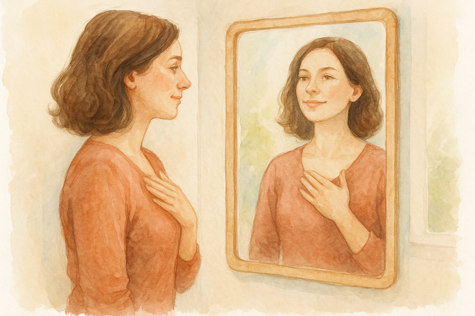 Mujer de pie frente al espejo, con expresión serena y una mano sobre el pecho, mirándose con confianza en una escena iluminada por luz natural.