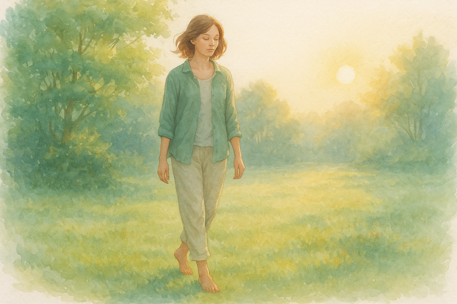 Mujer caminando descalza por un jardín al amanecer, rodeada de vegetación y luz dorada, con expresión serena y gesto relajado.