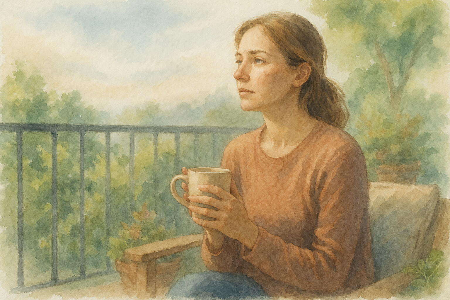 Mujer sentada en una terraza rodeada de plantas, sosteniendo una taza con las dos manos, mirando el horizonte con expresión reflexiva y serena.