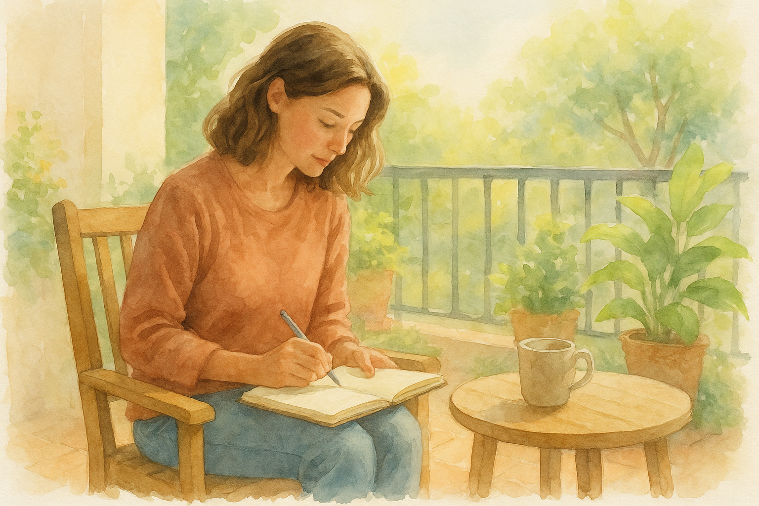 Mujer sentada en una terraza luminosa, escribiendo en un cuaderno sobre su regazo, rodeada de plantas y luz cálida de la mañana.
