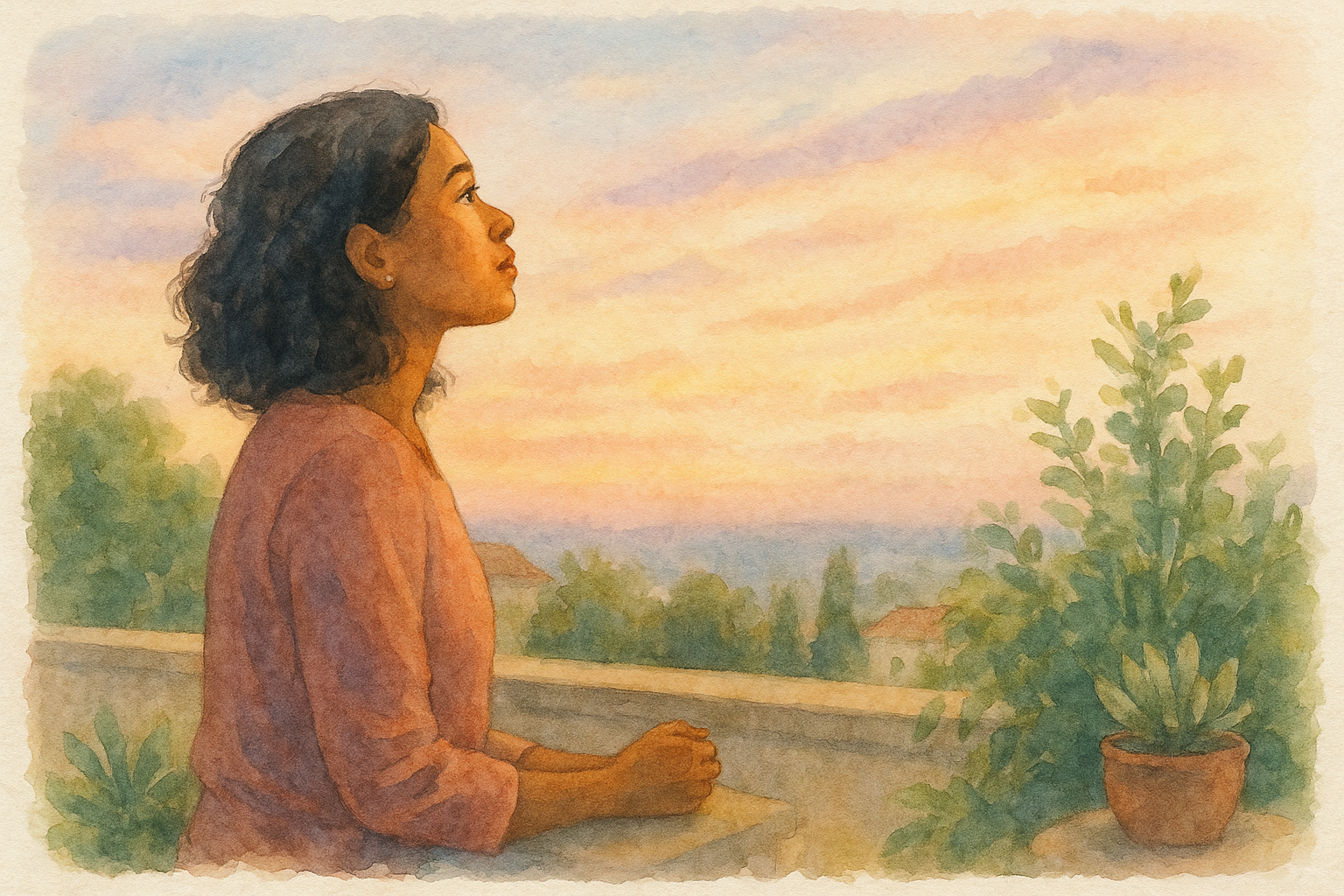 Mujer de pie en una terraza al atardecer, observando el cielo con expresión tranquila, rodeada de plantas, en una pausa reflexiva en medio de la rutina.