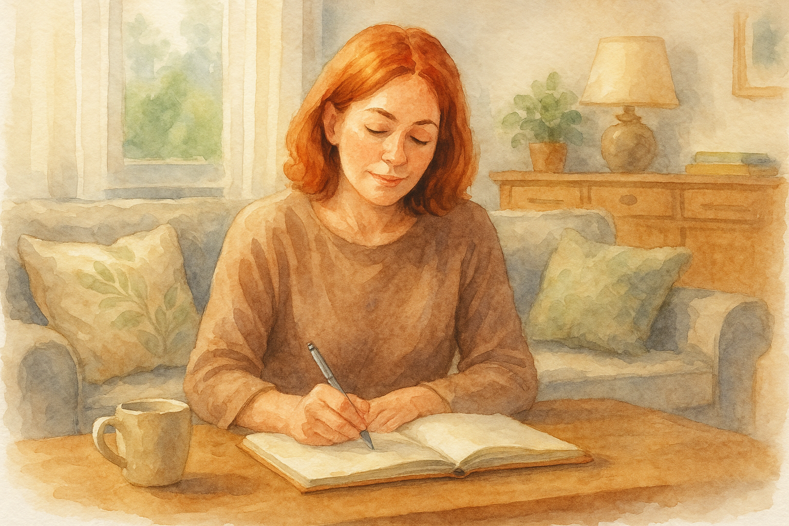 Mujer de mediana edad con cabello rojizo, escribiendo con calma en un cuaderno en una sala acogedora, rodeada de luz natural, una taza y decoración serena.