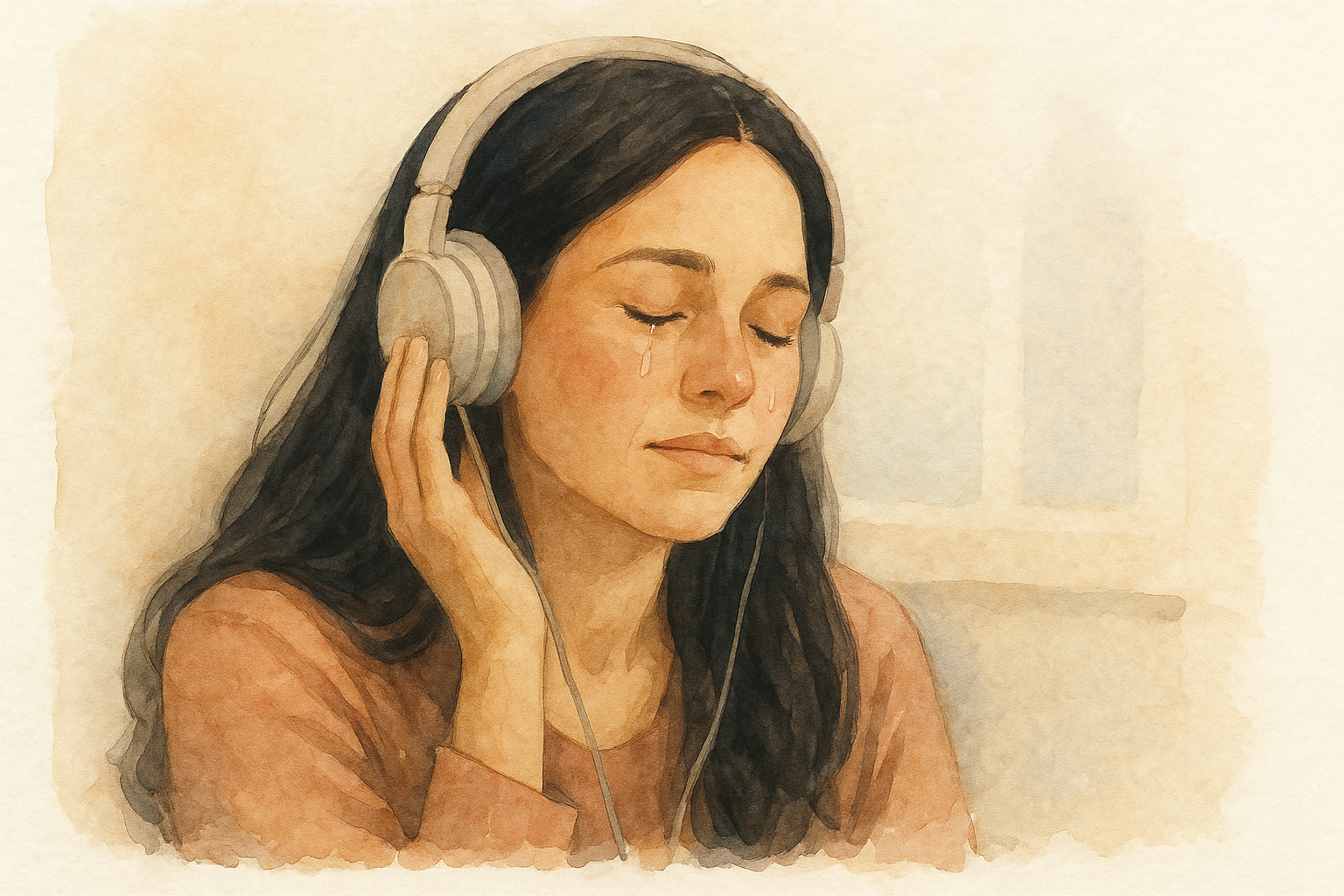 Mujer de unos 35 años con cabello negro largo, escuchando música con auriculares, con lágrimas suaves en el rostro y una expresión serena de conexión emocional profunda.