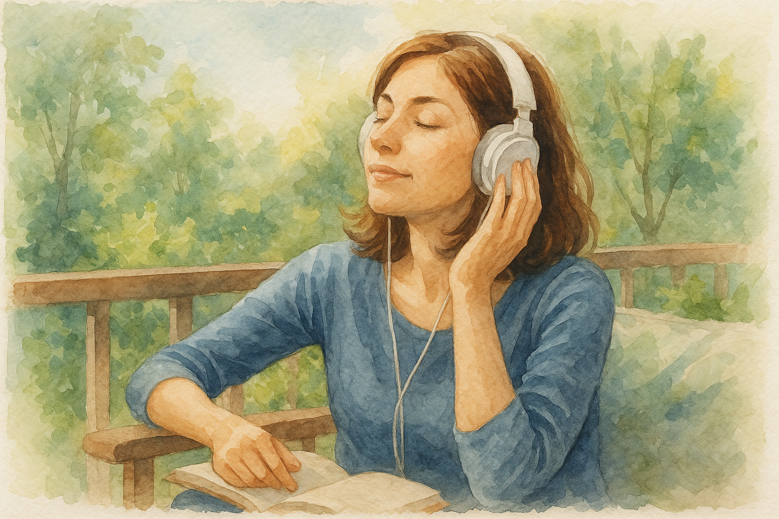 Mujer disfrutando de un momento de calma al aire libre, escuchando música con audífonos en una terraza rodeada de naturaleza.